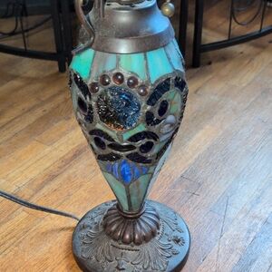 Stained Glass Table Lamp with Bronze Base